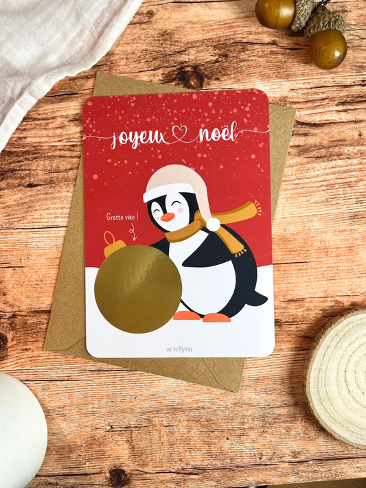 Carte à gratter "Pingouin en fête !" - rouge