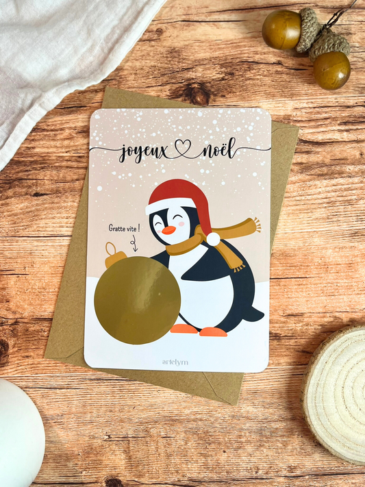 Carte à gratter "Pingouin en fête !" - beige